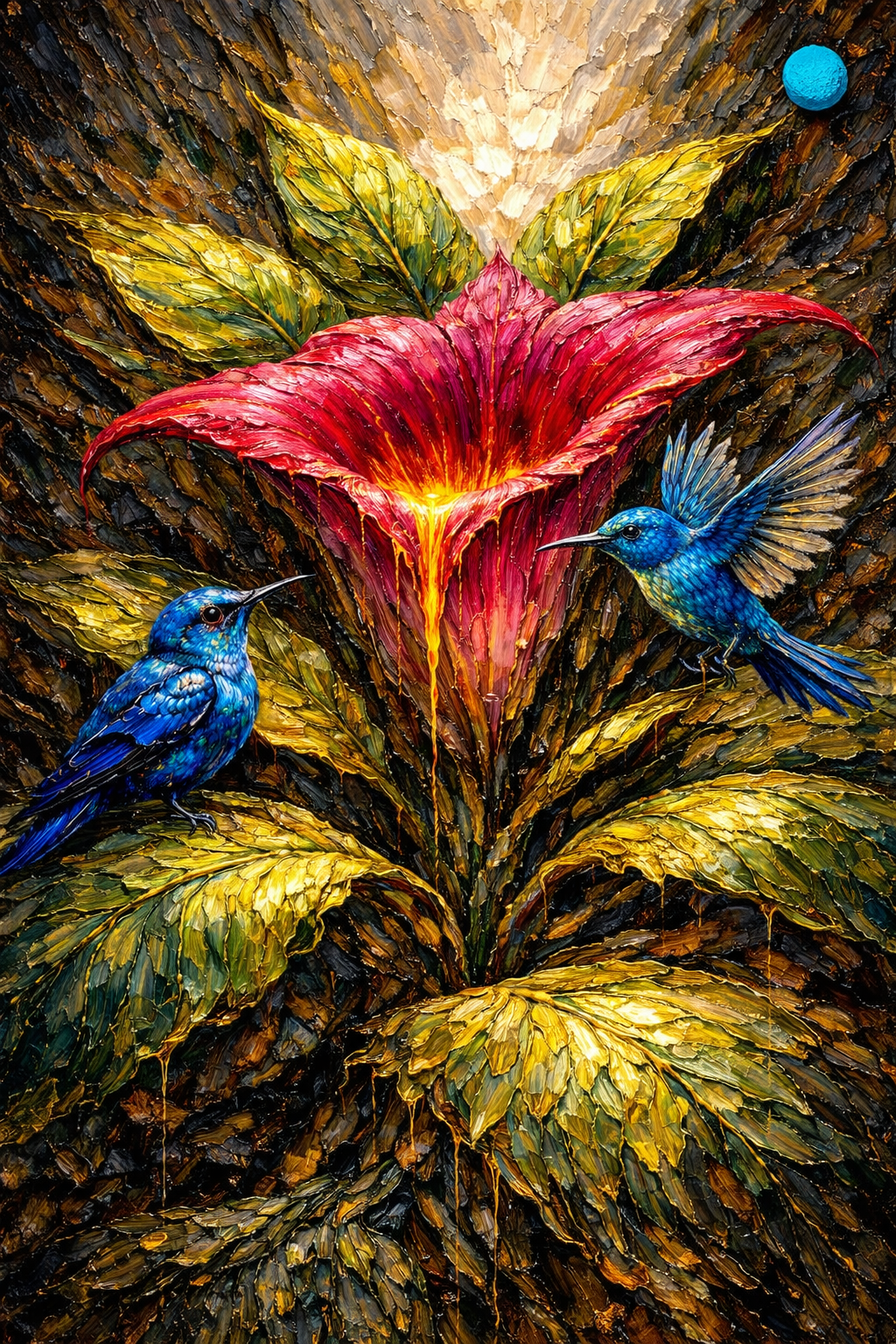 Impasto painting with a red flower, green leaves and two blue hummingbirds